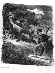 Mefisztó és Faust úton az éjszakai szombat felé, Goethe illusztrációja Fausthoz, 1828 (a litográfia fekete fotója)